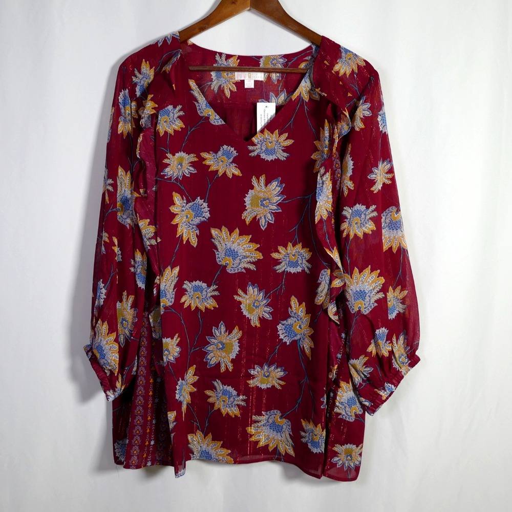 Bell Kim Gravel Womens Floral 3/4 Balloon Sleeve‎ Top Size 2X Semi Sheer Ruffle